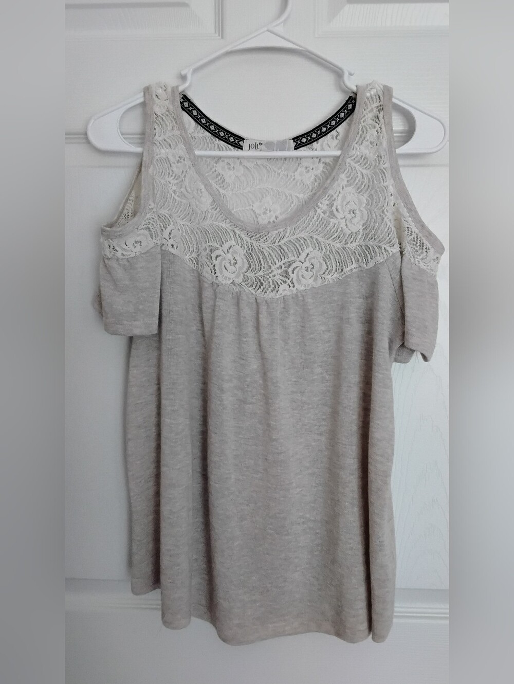 Jolt Light Taupe Cold-Shoulder Lace Yoke Blouse